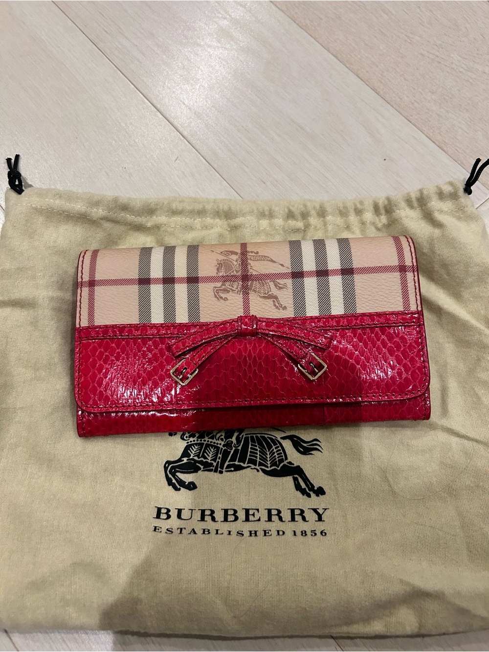 Burberry Beige Check Continental Wallet with Red Bow Trim